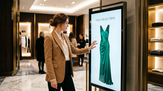 Customer Exploring Designer Dress on Digital Kiosk in Premium Retail Store