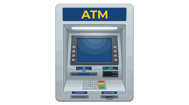 Digital vector illustration of a modern automated teller machine featuring a sleek silver metallic interface design