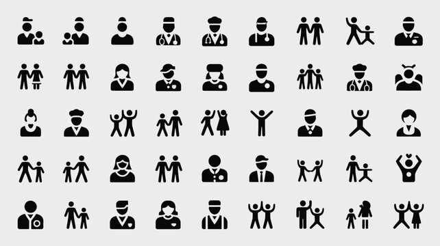Collection of diverse people icons representing different professions and activities.