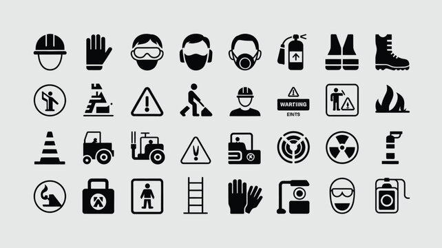 Industrial safety and construction icons collection for protection and warning on gray background.