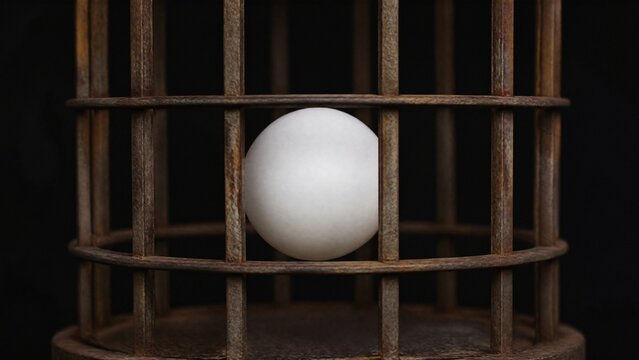 White ping pong ball inside rusty metal cage on dark background.