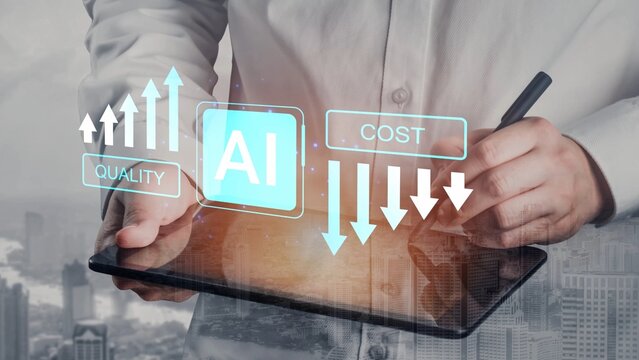 Business professional analyzing data with tablet showing AI technology impact on quality and cost in a modern city setting Gluon.