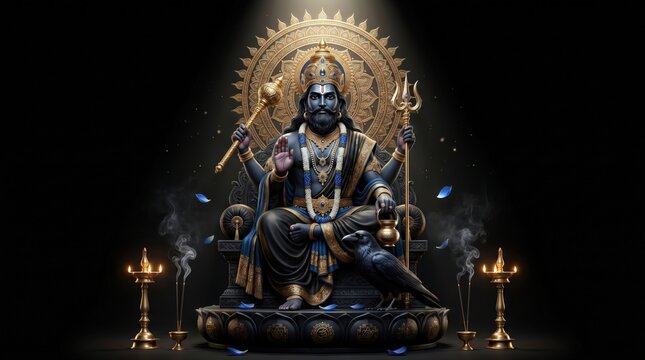 Majestic hindu deity shani dev seated on an ornate throne with a crow and lit oil lamps in a dark atmospheric setting featuring intricate gold details and glowing sacred geometry background elements
