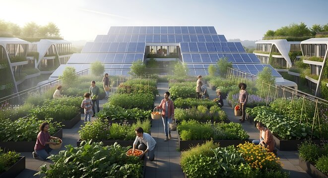 Sustainable urban farming community thrives in a futuristic city, with residents collaboratively cultivating terraced gardens under the sun, integrating renewable energy and green living