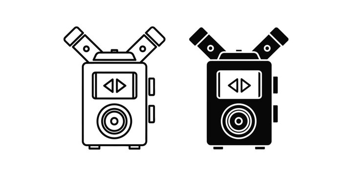 Portable digital audio recorder in black and white line art style on a white background for media production