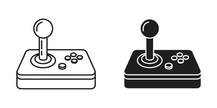 Retro joystick controller in outline and solid fill against a white background symbolizing classic gaming
