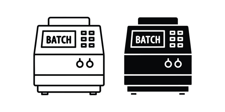 Two laboratory batch processing machines in outline and solid black forms against a white background for science and industry