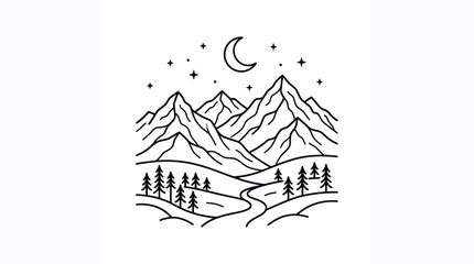 Obraz premium Minimalist Mountain Landscape Line Art with Moon and Stars