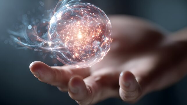 Close up of a human hand reaching toward a floating orb like hologram with subtle flowing light patterns, the sphere radiating a calming aura as if responding to conversation, soft depth of