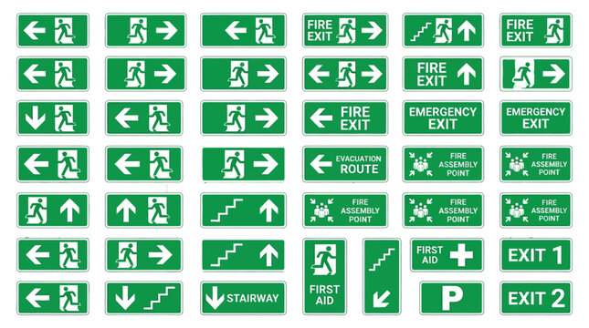 A comprehensive collection of green vector emergency exit signs featuring directional arrows and safety symbols