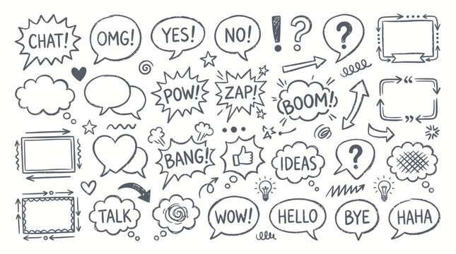 Hand-drawn Speech Bubbles and Icons: Chat, Ideas, Questions, and Emotions