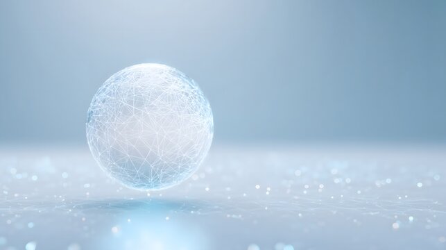 Glowing plexus network sphere hovering over a digital surface with sparkling light particles