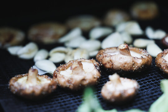 Farm fresh garden vegetables cooking on a pellet grill smoker for a vegetarian dinner. The healthy food is colorful and packed with vitamins and garden nutrients. Delicious!