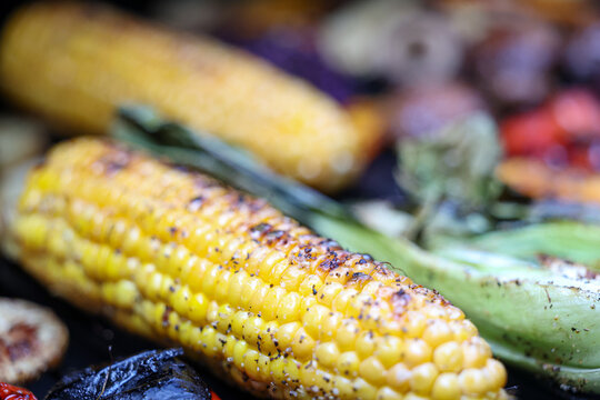 Farm fresh garden vegetables cooking on a pellet grill smoker for a vegetarian dinner. The healthy food is colorful and packed with vitamins and garden nutrients. Delicious!