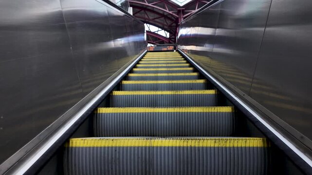 Person's point of view traveling up a modern escalator toward an urban building structure