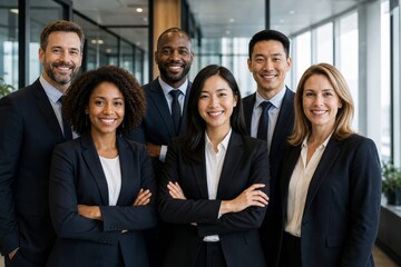 Fototapeta premium Diverse group of business professionals standing together in a modern office setting with smiles