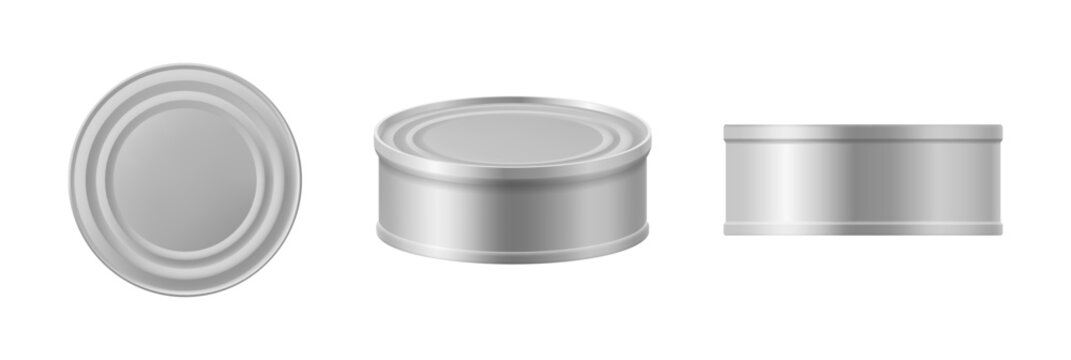 Single tin can set. Vector isolated side, top and horizontal container views with embossed metallic lid. Packaging presentations and canned food branding, product mockups and commercial advertising