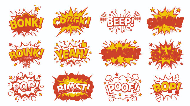 Red and orange comic book sound effect stickers.