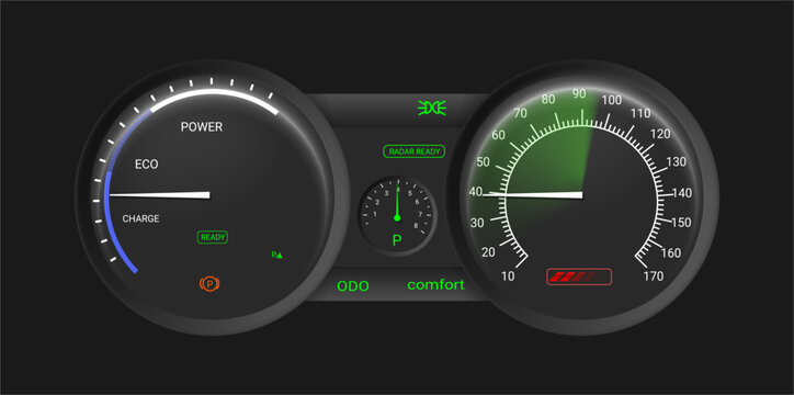 Scale score indicators. Vector realistic speedometer graphic. Gauges with arrows for measuring rapidity and tachometer performance. Automotive dashboards, infographics and car performance measurement