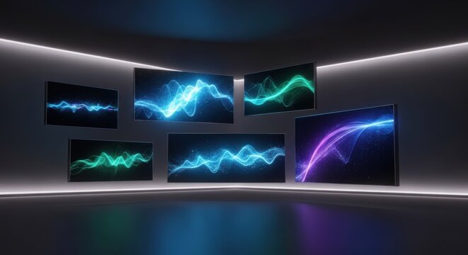 Modern television displays showcasing vibrant light wave visuals in a sleek setup