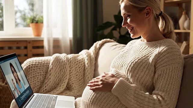 Expectant mother engages in a secure online video consultation with a doctor for prenatal check-ups, leveraging digital healthcare technology for convenient maternity care and health monitoring from..