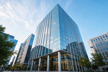 Fototapeta premium Modern glass skyscraper stands tall in a cityscape with a clear blue sky