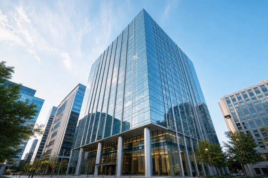Modern glass skyscraper stands tall in a cityscape with a clear blue sky