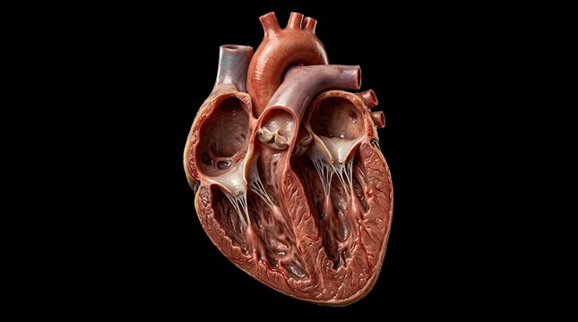 Human heart cross section isolated on black background 8k realistic portrait 