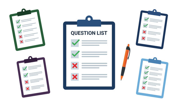 Colorful clipboard vector graphic illustration featuring multiple question lists with check marks and cross icons