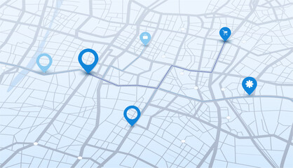 Plakat Map interface with location pins and connected route lines. Vector realistic navigation layout with distance relation, direction mapping and travel flow. Gps system and tracking application