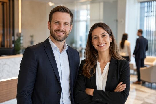 Two smiling business professionals standing together in a modern office lobby with a blurred background.