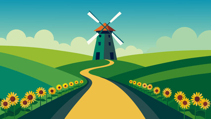 Obraz premium Sunflower Windmill Farm Vector Landscape