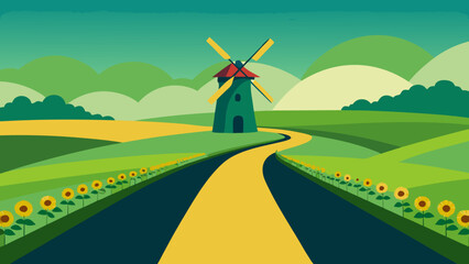 Obraz premium Sunflower Windmill Farm Vector Landscape