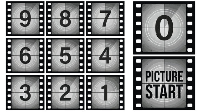Retro film countdown vector graphic illustration featuring black and white vintage cinema movie frame number sequence