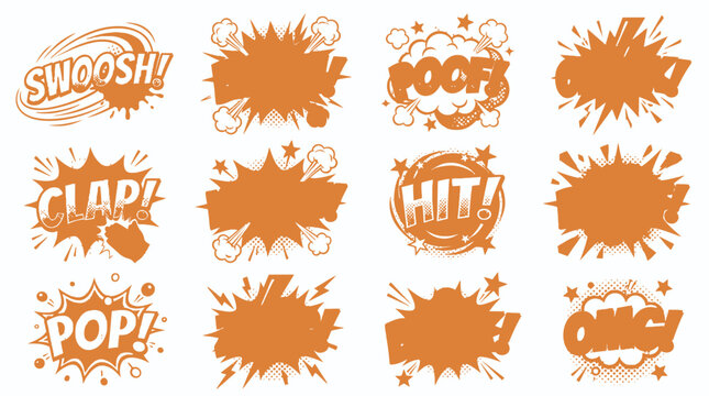 Orange silhouette comic explosion and sound effect bubbles.