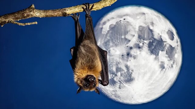 Flying Fox Bat Hanging from Tree Branch Against Full Moon Night Wildlife Scene