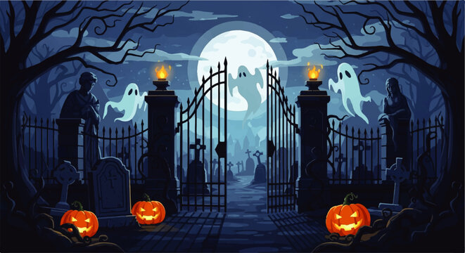 Vector flat design illustration of a spooky Halloween graveyard scene with ghosts and pumpkins under a full moon