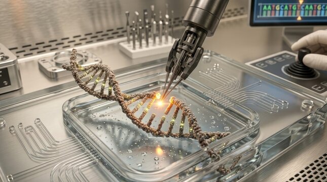 Robotic device precisely manipulates genetic blueprint, altering macromolecular arrangement, performing genome engineering, visualizing targeted dna modification, revealing crispr cas9 mechanism.