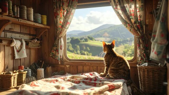 A cat gazes at a landscape through a window. Interior depicts sewing and baskets