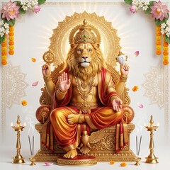 Obraz premium Majestic narasimha avatar sitting on ornate golden throne with traditional indian oil lamps and floral decorations in a spiritual and divine atmosphere for religious worship