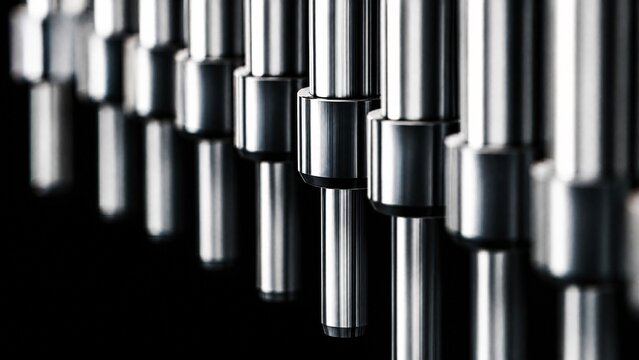 Sleek metallic cylinders in a linear sequence, captured in synchronized vertical motion.