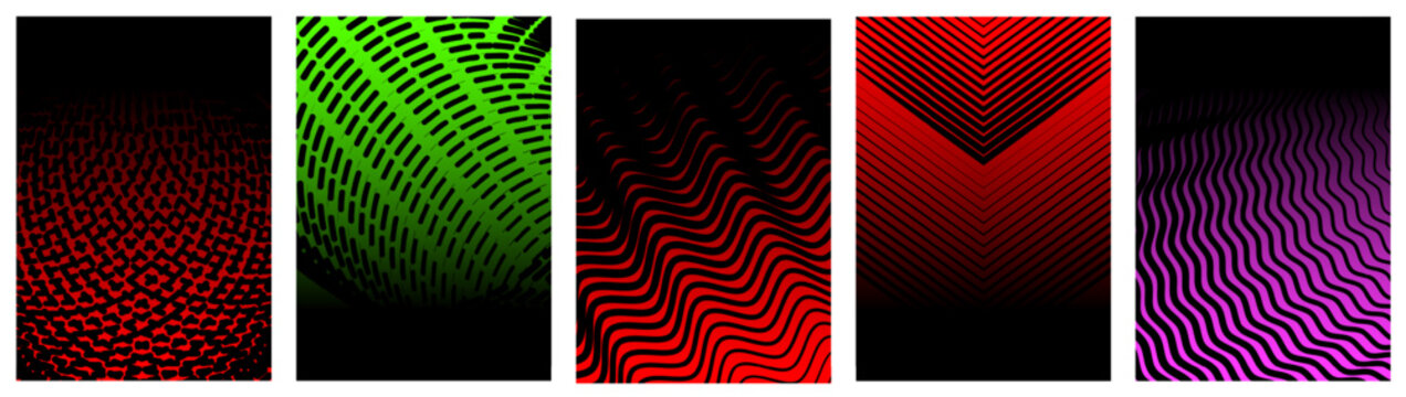 Abstract vector poster set with linear gradients and geometric distortion patterns, Minimalist halftone artwork visual transformation and dynamic motion ornament with transition effect, kit 2