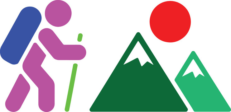 Colorful graphic illustration of hiker and mountains with sun