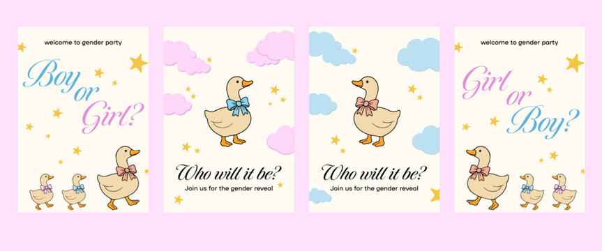 Gender reveal invitations with cute ducks, baby shower templates with clouds and stars, a set of printable party cards and digilals