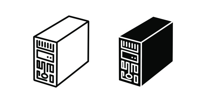 Computer tower in outline and solid black on white background vector illustration