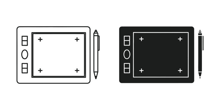Digital Drawing Tablet and Stylus Icon with Crosshairs on White Background for Design Concepts