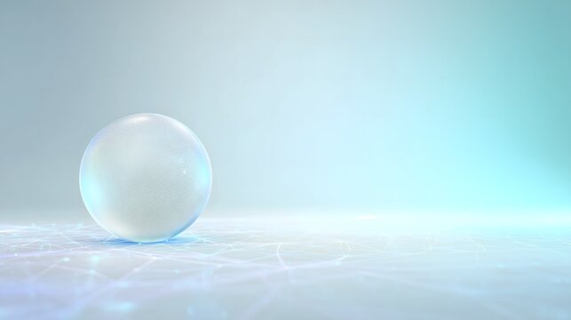 Translucent glass sphere on a bright cyber network floor with glowing light