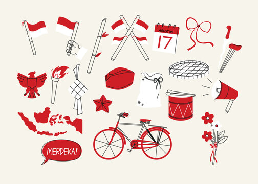 Hand-drawn red and white icon collection celebrating Indonesia's Independence Day, featuring national symbols including Garuda, flags, ketupat, peci hat, torch, bicycle, map, and traditional cultural 
