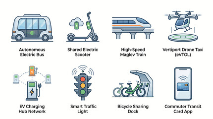 Transportation icons represent various modern urban mobility solutions including electric buses, shared scooters, magnetic trains, and drone taxis within a comprehensive city infrastructure network. © ocil