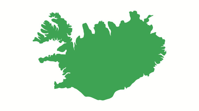 Iceland map features the North Atlantic island nation as a flat green silhouette isolated on white.